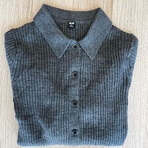 Gray Merino Ribbed Polo Cardigan